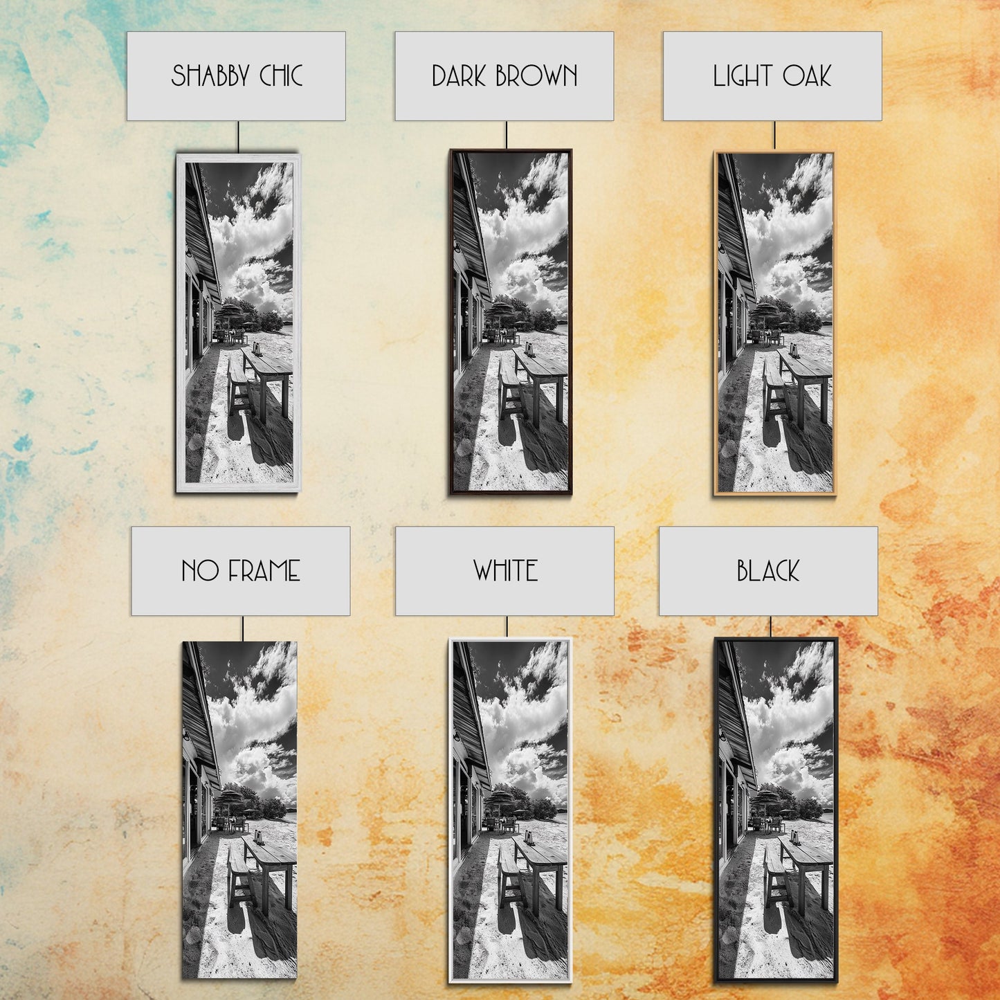 Beach Café Table, Seaside Dining, Rustic Seating, Tropical Getaway, Framed Canvas Print, Kitchen Wall Art, Coastal Rustic Aesthetic