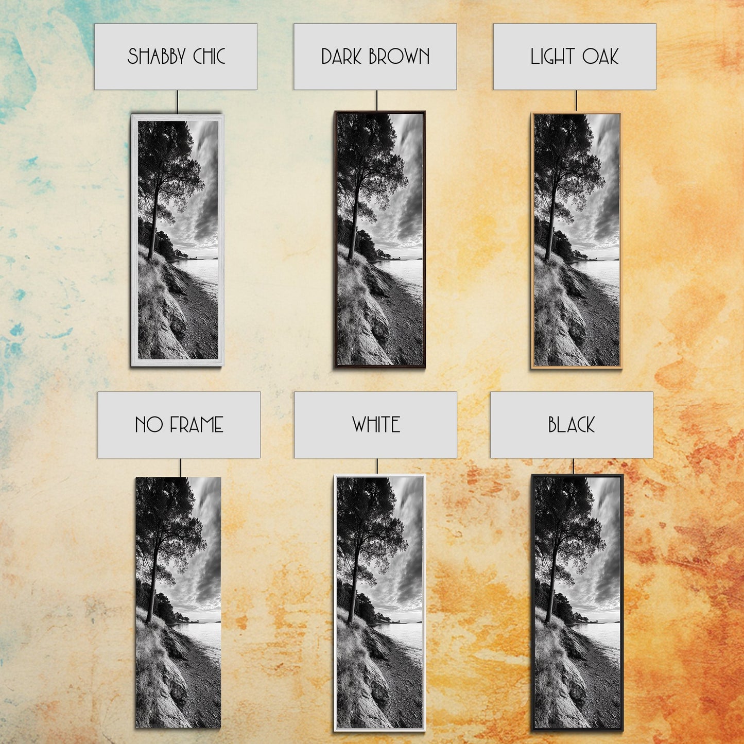 Coastal Tree, Ocean Horizon, Windswept Shore, Nature Calm, Moody Sky, Framed Canvas Print, Office Wall Art, Coastal Rustic Aesthetic