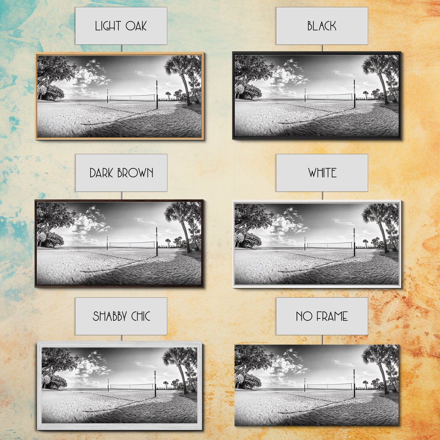 Volleyball Net, Coastal Leisure Scene, Bright Beach Vibe, Framed Canvas Print, Game Room Wall Art, Sporty Summer Beach Style