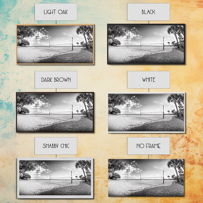 Volleyball Net, Coastal Leisure Scene, Bright Beach Vibe, Framed Canvas Print, Game Room Wall Art, Sporty Summer Beach Style