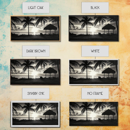 Palm Trees, Beach Sunset, Ocean View, Tiki Hut, Framed Canvas Print, tropical wall art, beach house decor, living room boho art