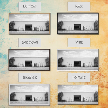 Surfboards, Beach Garage, Modern Coastal, Ocean Style, Framed Canvas Print, surf shack decor, teen room wall art, minimalist beach art