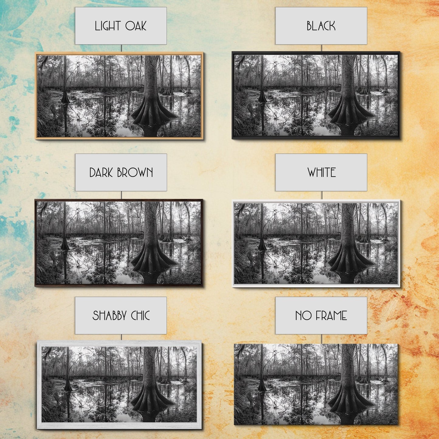 Sumpfbäume, Zypressenwasser, Naturspiegelungen, Marschlandschaft, gerahmter Leinwanddruck, rustikale Hüttendekoration, Wandbild für den Flur, Waldmotiv