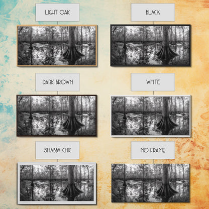 Sumpfbäume, Zypressenwasser, Naturspiegelungen, Marschlandschaft, gerahmter Leinwanddruck, rustikale Hüttendekoration, Wandbild für den Flur, Waldmotiv