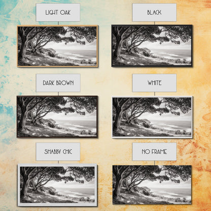 Ocean View, Coastal Trees, Cliffside Vista, Light and Shadows, Framed Canvas Print, landscape wall art, modern beach decor, boho living room