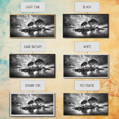 Island Pines, Rocky Shoreline, Peaceful Water, Stormy Sky, Framed Canvas Print, coastal art, rustic nature wall art, neutral living room decor