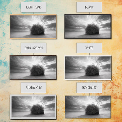 Tumbleweed, Desert Beach, Moody Sky, Solitary Calm, Framed Canvas Print, minimalist desert wall art, western Fall decor, neutral tones