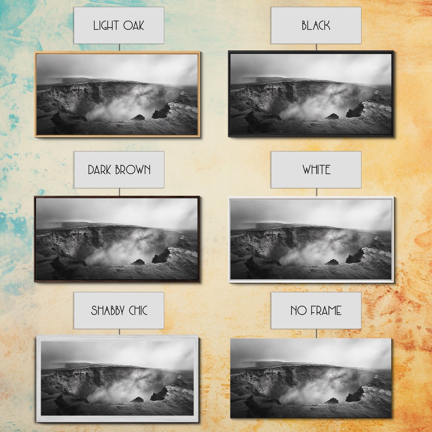 Vulkankrater, rauchige Erde, epische Landschaft, gerahmter Leinwanddruck, ausdrucksstarke Naturkunst, Dekoration fürs Arbeitszimmer, stimmungsvolle Schwarzweißfotografie