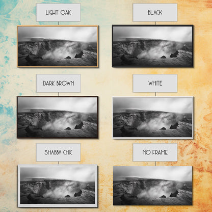 Vulkankrater, rauchige Erde, epische Landschaft, gerahmter Leinwanddruck, ausdrucksstarke Naturkunst, Dekoration fürs Arbeitszimmer, stimmungsvolle Schwarzweißfotografie