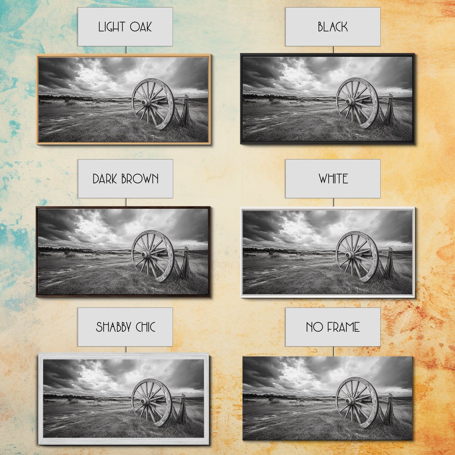 Prairie Wagon Wheel, Western Landscape, Rustic Field, Canvas Print, Country Farmhouse Wall Art, Fall Rustic Decor, Black And White Art