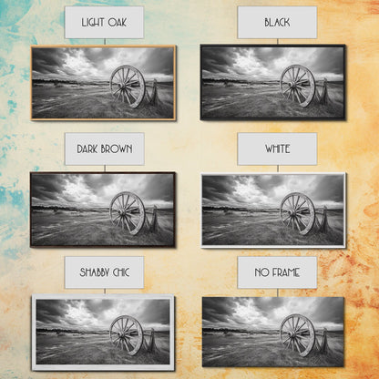 Prairie Wagon Wheel, Western Landscape, Rustic Field, Canvas Print, Country Farmhouse Wall Art, Fall Rustic Decor, Black And White Art