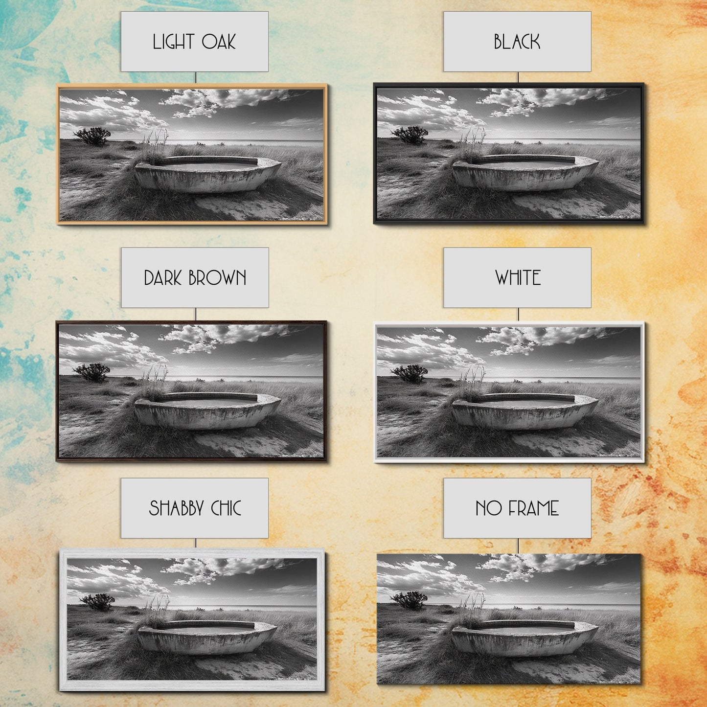 Concrete Trough, Coastal Horizon, Grassy Shoreline, Canvas Print, Rustic Farmhouse Bathroom Art, Minimalist Nature, Fall Beach Wall Decor