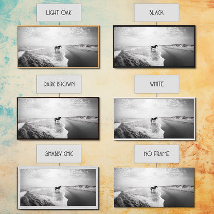 Wild Horse Beach, Coastal Nature Art, Minimalist Animal Photography, Serene Landscape, Neutral Bedroom Decor, Framed Canvas Print