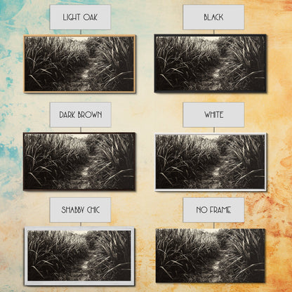 Grasbewachsener Pfad, Naturmotiv, Rustikale Landschaft, Naturnahe Wohndekoration, Herbstliche Flurkunst, Gerahmter Leinwanddruck