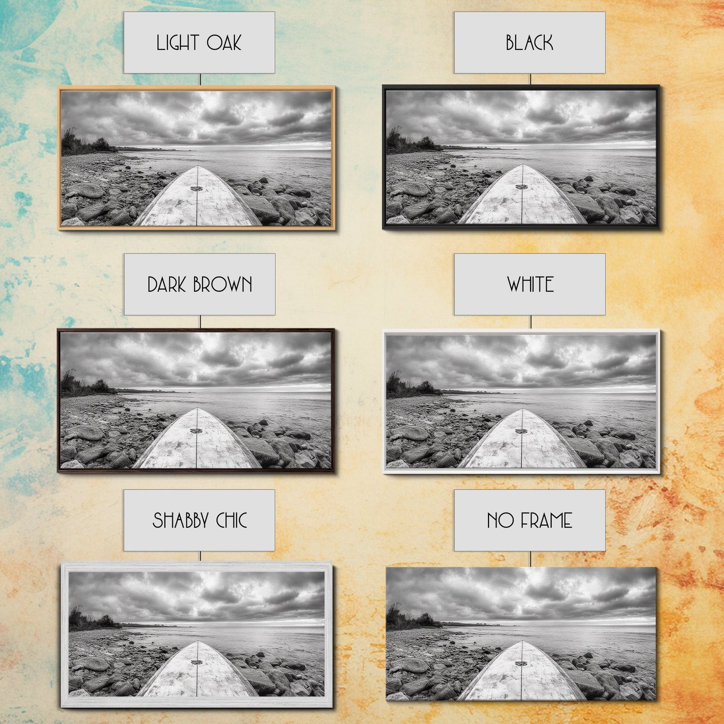 Surfbrett, Felsküste, Bewölktes Meer, Küstenabenteuer, Strandästhetik, Leinwanddruck, Minimalistische Meereskunst, Maritime Wanddekoration, Badezimmer-Wandkunst