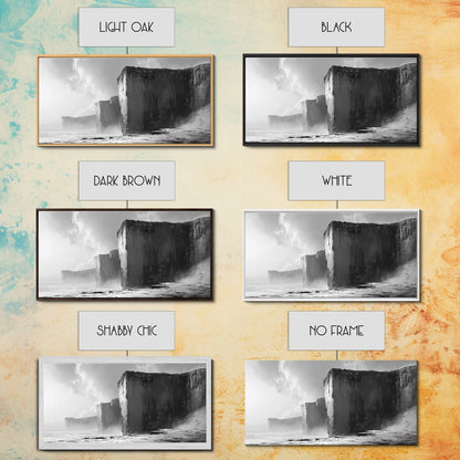 Ocean Cliffs, Towering Rock, Misty Coast, Rugged Seascape, Canvas Print, Moody Wall Art, Office Decor, Dramatic Landscape, Office Decor