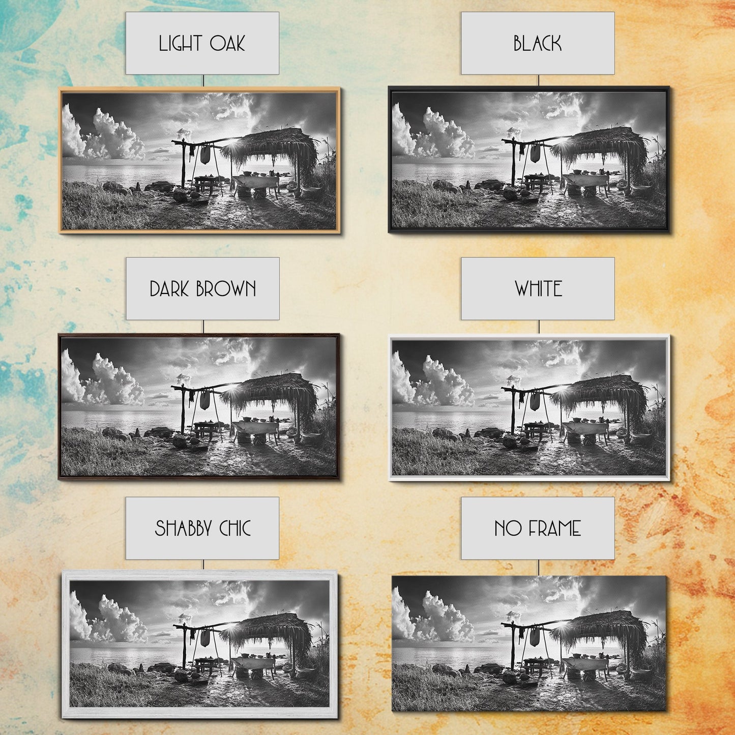 Beach Shack, Driftwood Table, Seaside Shelter, Sun Rays, Canvas Print, Rustic Coastal Art, Boho Decor, Dining Room Wall Art, Cabin Wall Art