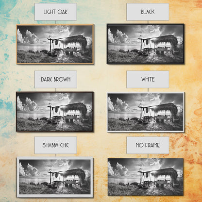 Beach Shack, Driftwood Table, Seaside Shelter, Sun Rays, Canvas Print, Rustic Coastal Art, Boho Decor, Dining Room Wall Art, Cabin Wall Art