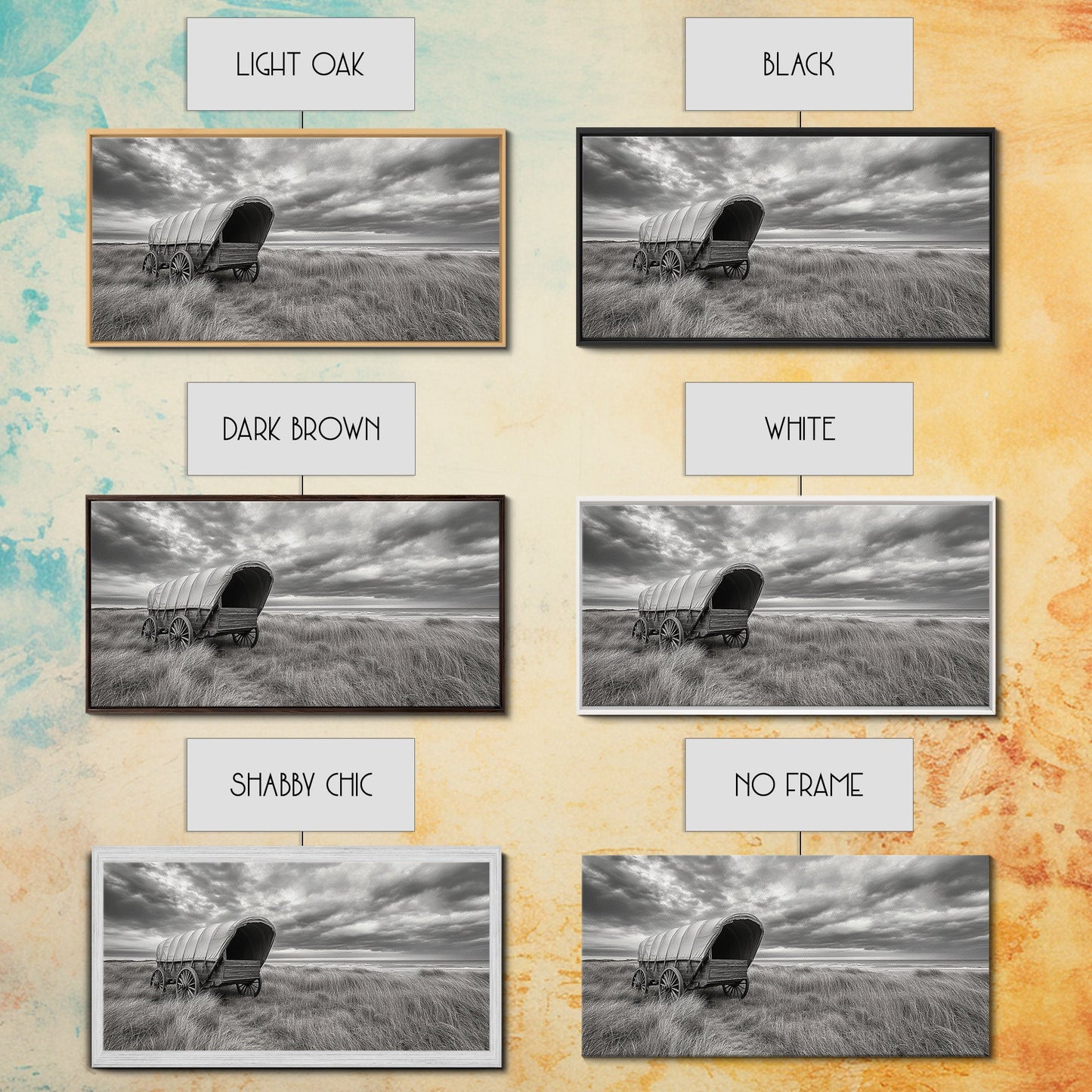 Prairie Wagon, Coastal Grass, Covered Cart, Western Landscape, Framed Canvas Print, Rustic Fall Art, Living Room Wall Decor