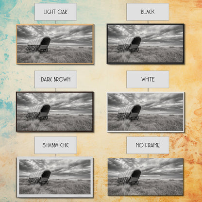 Prairie Wagon, Coastal Grass, Covered Cart, Western Landscape, Framed Canvas Print, Rustic Fall Art, Living Room Wall Decor