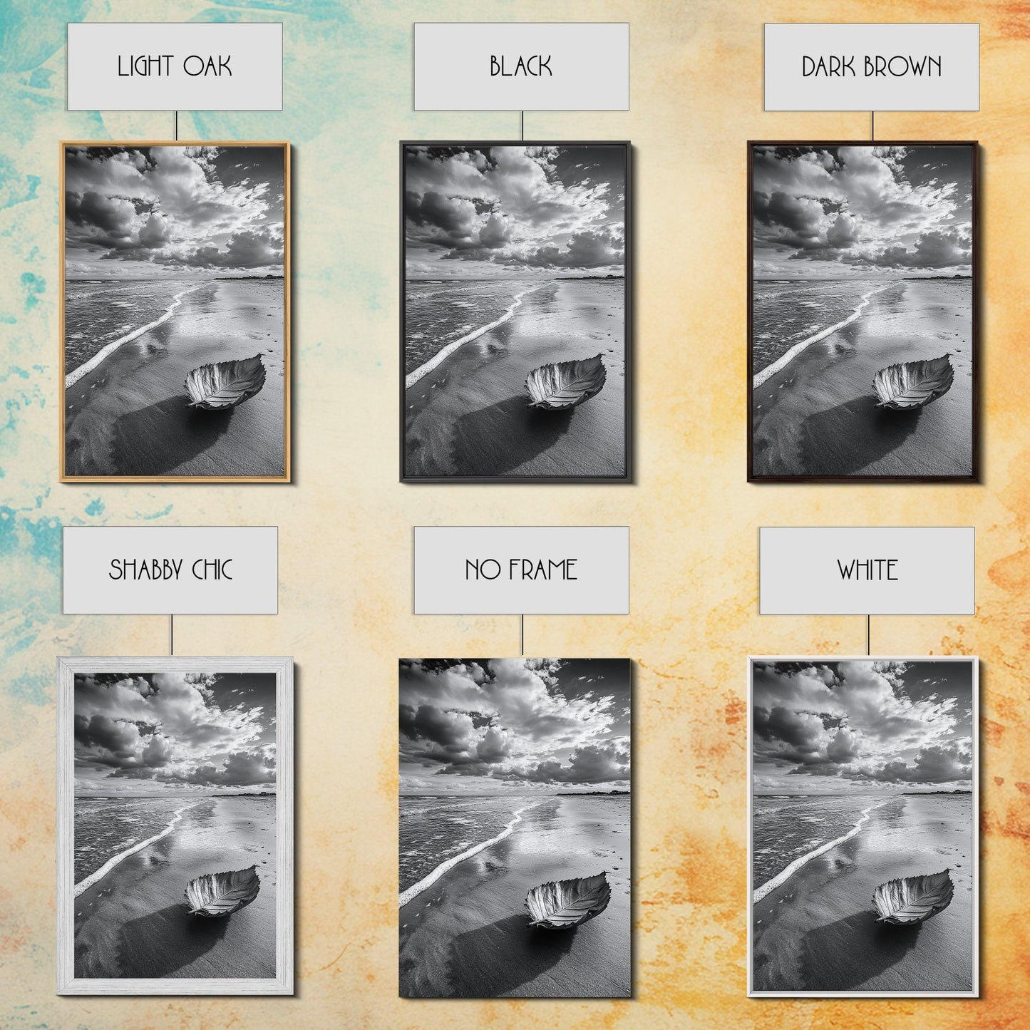 Autumn Beach Leaf, Drift Shore, Moody Cloudscape, Black and White Fall Art, Framed Canvas Print, Seasonal Wall Decor, Rustic Autumn Style