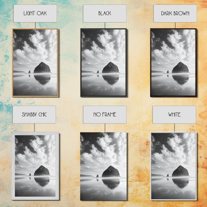 Iconic sea stack, Oregon coast art, tranquil reflections, dramatic clouds, Canvas Print, bedroom wall art, modern coastal minimalist decor