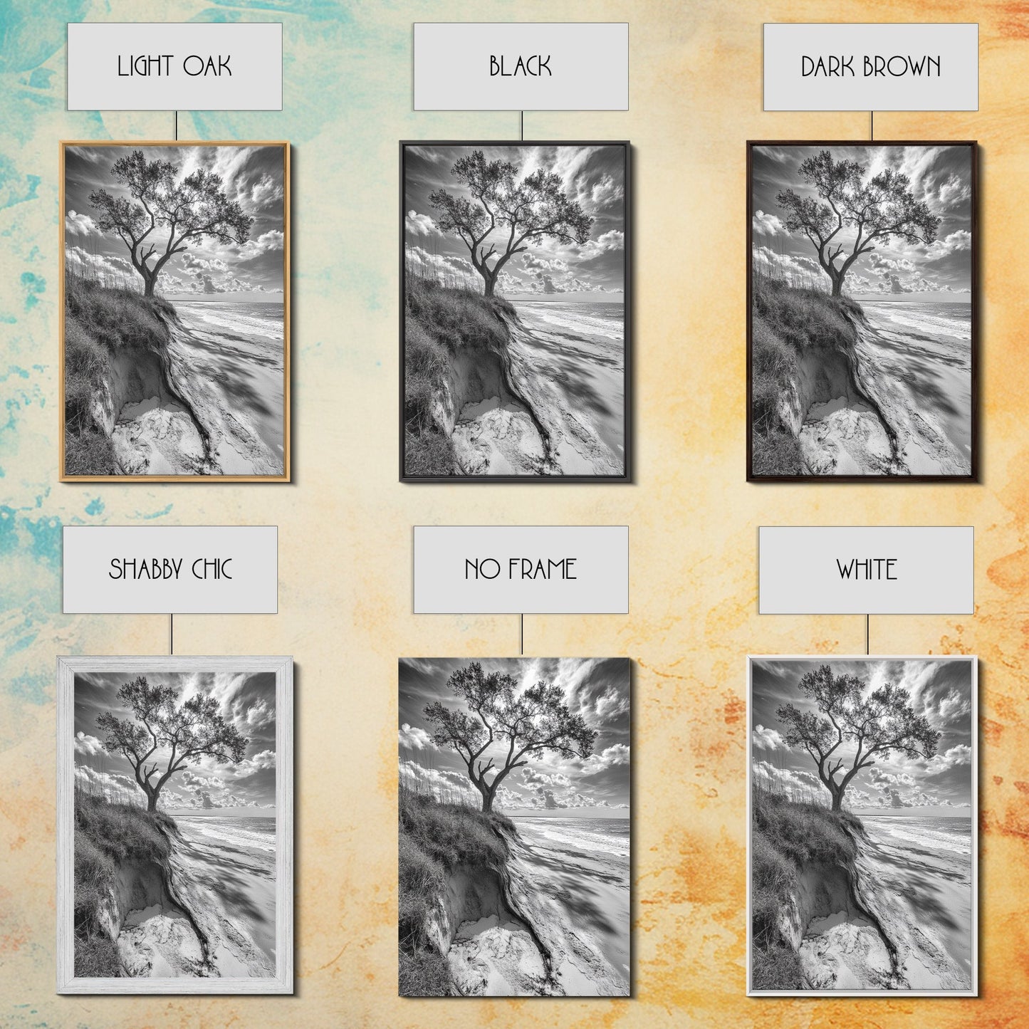 Coastal Tree Scene, Wind Swept Dune, Ocean Beach Horizon, Autumn Coastal Wall Art, Framed Canvas Print, Nature Lover Home Decor