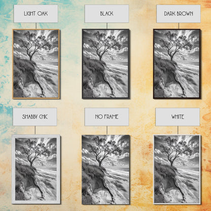 Coastal Tree Scene, Wind Swept Dune, Ocean Beach Horizon, Autumn Coastal Wall Art, Framed Canvas Print, Nature Lover Home Decor