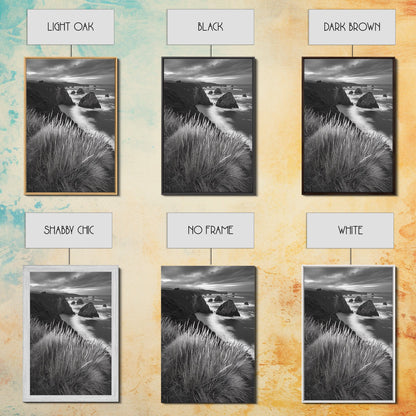 Coastal Cliffs, Ocean Rocks, Tall Grass, Canvas Print, Windswept Landscape Art, Beach House Wall Decor, Monochrome Nature Scene