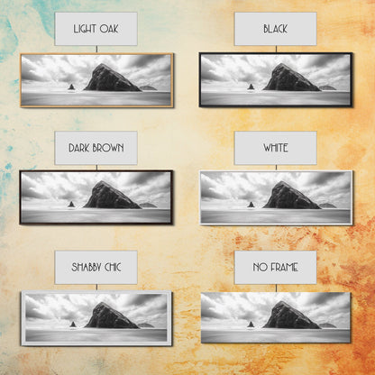 Sea Stack, Beach Horizon, Dramatic Sky, Monochrome Seascape, Framed Canvas Print, Coastal Wall Art, Modern Minimalist Entryway Decor