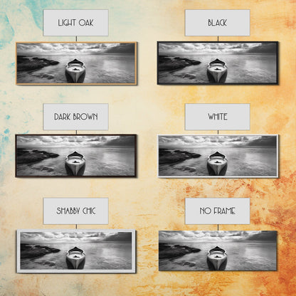 Canoe at Shore, Calm Waters, Peaceful Escape, Framed Canvas Print, Adventure art, Lakehouse decor, Hallway wall piece, Monochrome nature