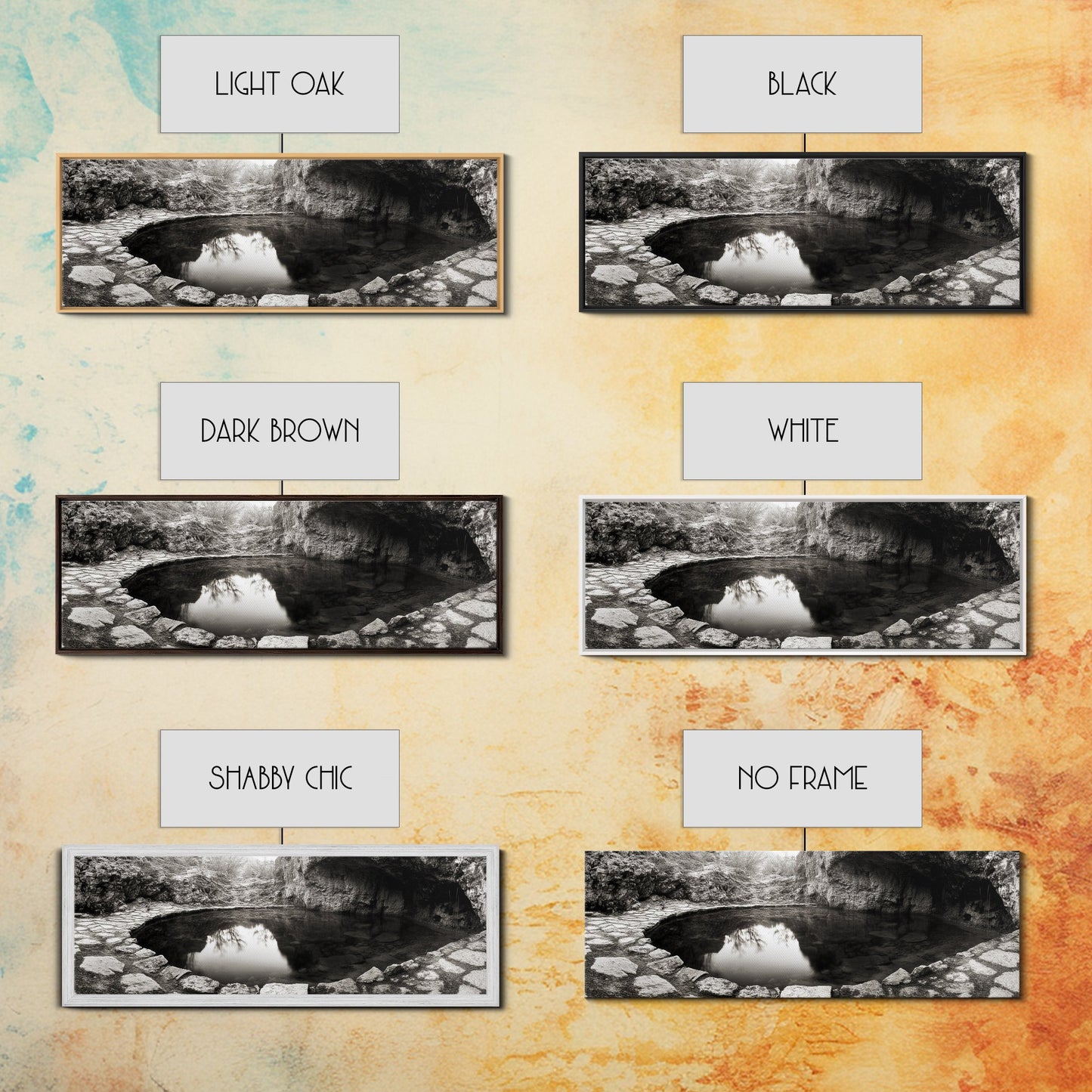 Steinbecken, Stille Spiegelung, Naturfotografie, Zen-Atmosphäre, Gerahmter Leinwanddruck, Wandbild fürs Badezimmer, Rustikale Dekoration, Ruhige Wohnatmosphäre