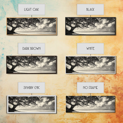 Südliche Eiche, Küstenbaum, Strandidylle, idyllische Landschaft, Leinwanddruck, neutrale Wohnzimmerkunst, Boho-Naturdekor, Strandwandkunst