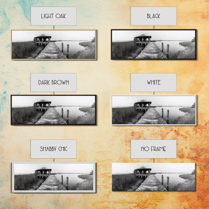 Abandoned Pier, Lakeside Shack, Black and White Marsh, Framed Canvas Print, Rustic Entryway Art, Minimalist Coastal Cabin Decor