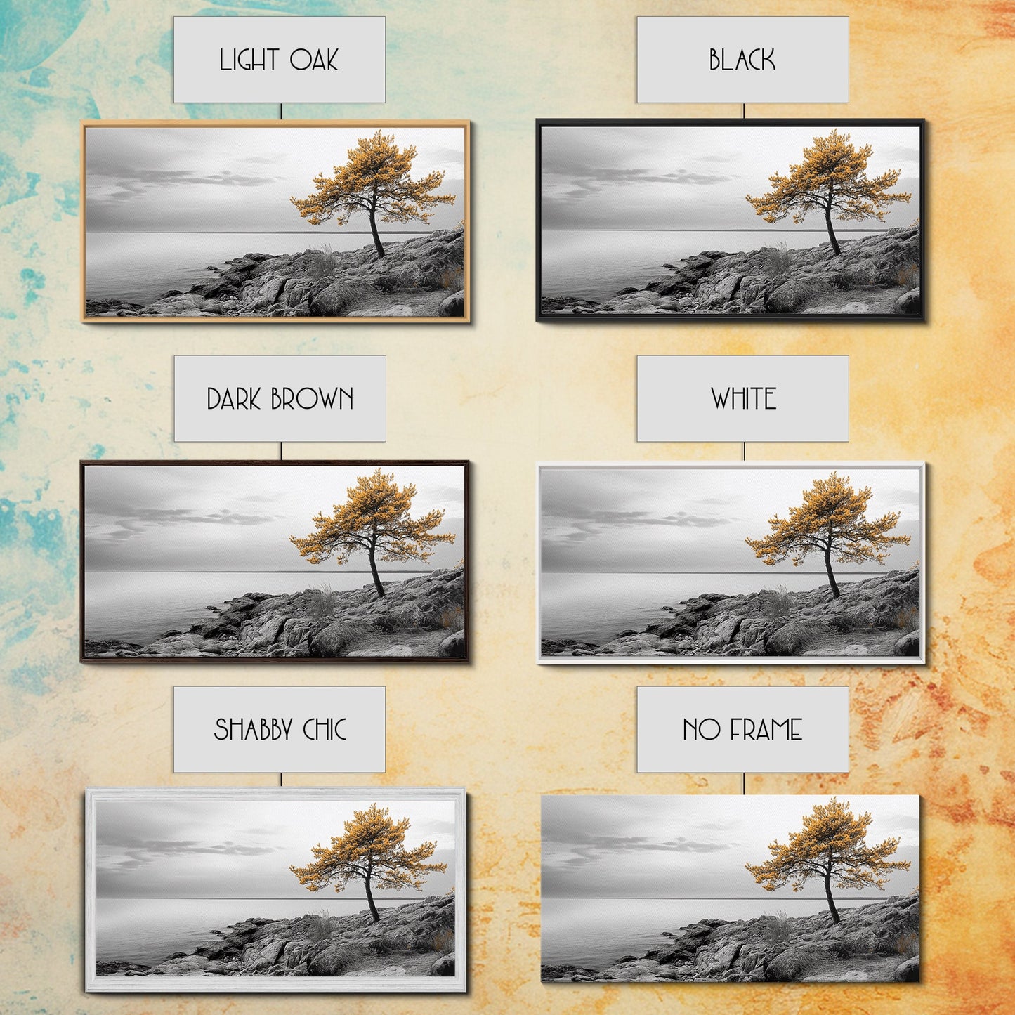 Yellow Tree, Rocky Coast, Minimal Landscape, Ocean Breeze – Canvas Print, Zen Wall Art, Nature Minimalist Decor, Scandinavian Interior