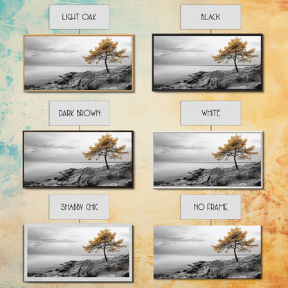 Yellow Tree, Rocky Coast, Minimal Landscape, Ocean Breeze – Canvas Print, Zen Wall Art, Nature Minimalist Decor, Scandinavian Interior