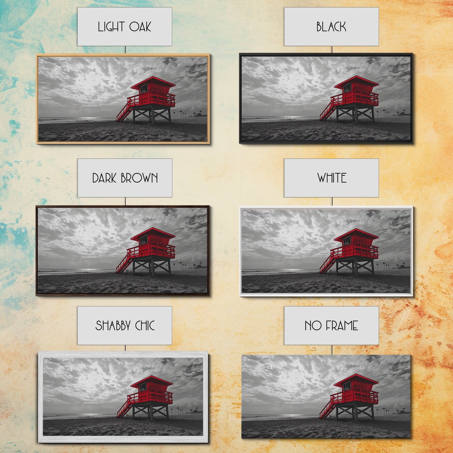 Red Lifeguard Tower, Beachscape, Dramatic Sky, Coastal Life, Framed Canvas Print, Modern Beach Wall Art, Bold Bathroom Decor