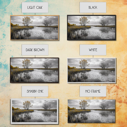 Lily Pond Trees, Serene Reflection, Autumn Landscape, Calm Water Scene, Framed Canvas Print, Nature Wall Art, Fall Living Room Decor