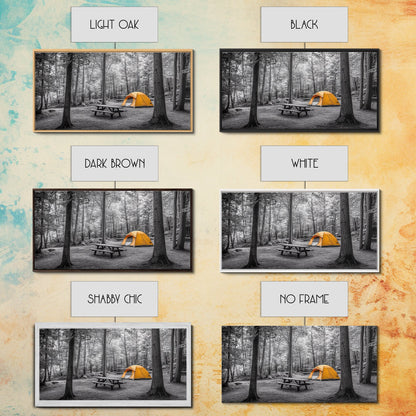 Yellow Tent, Forest Camping, Wilderness Escape, Outdoor Living, Framed Canvas Print, Fall Bedroom Art, Minimalist Nature, Hiking Vibes