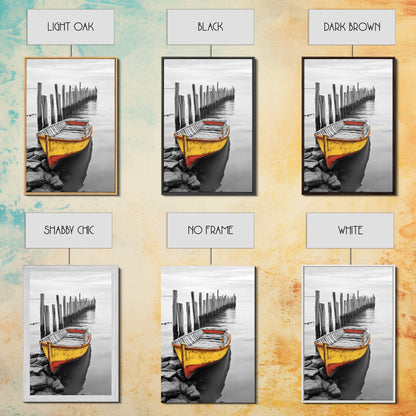 Yellow Rowboat, Coastal Mood, Pier View, Nautical Nostalgia, Framed Canvas Print, Beach House Wall Art, Rustic Seaside Decor