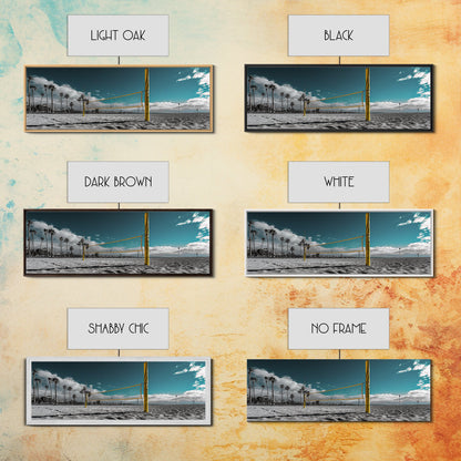 Beach Volleyball, Palm Trees, Summer Sport, Coastal Minimalism, Framed Canvas Print, Rec Room Wall Art, Sporty Vibe Decor