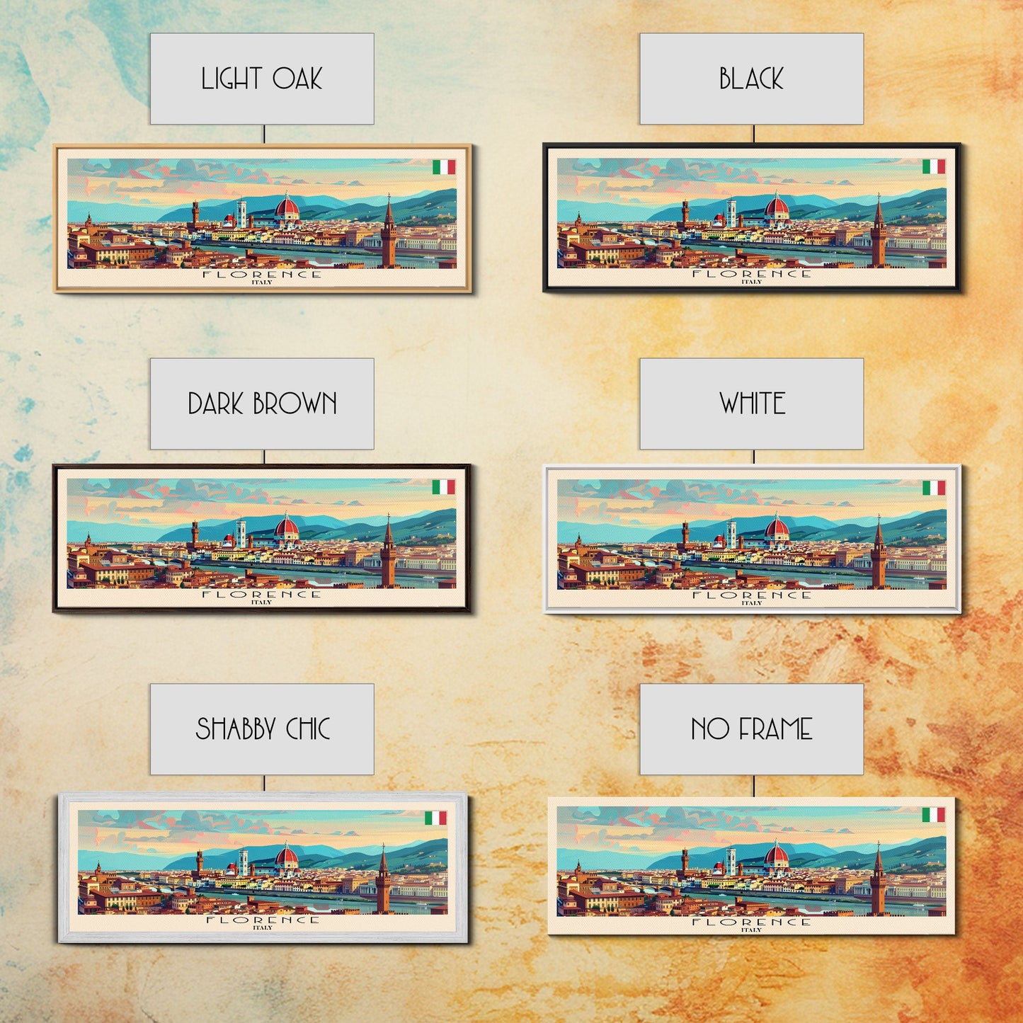 Florence Italy Panoramic Travel Poster, Framed Canvas Print or Metal Wall Art, Travel Art, Home Decor, Panoramic Painting, Midcentury Art