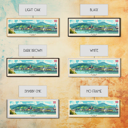 Linz Austria Panoramic Travel Poster, Framed Canvas Print or Metal Wall Art, Travel Art, Home Decor, Panoramic Painting, Midcentury Art