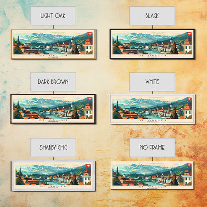 St. Gallen Switzerland Panoramic Travel Poster, Framed Canvas Print or Metal Wall Art, Travel Art, Home Decor, Panoramic Painting, Midcentury Art