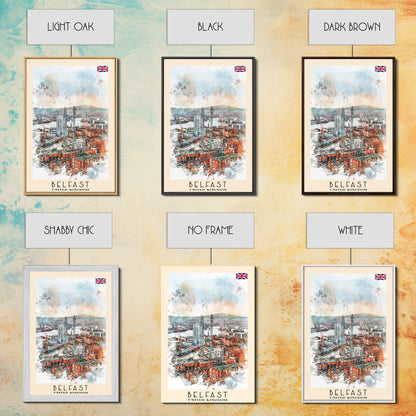 Belfast United Kingdom Travel Poster Framed Canvas Print, Wall Art, Living Room Art, Watercolor Painting, Original Art