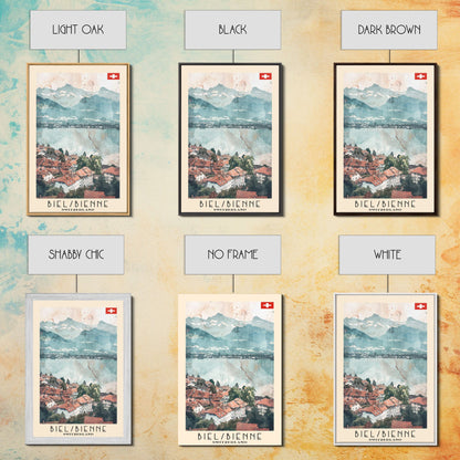 Biel/Bienne Switzerland Travel Poster Framed Canvas Print, Watercolor Painting, Wall Art, Home Decor, Scenic Travel Print