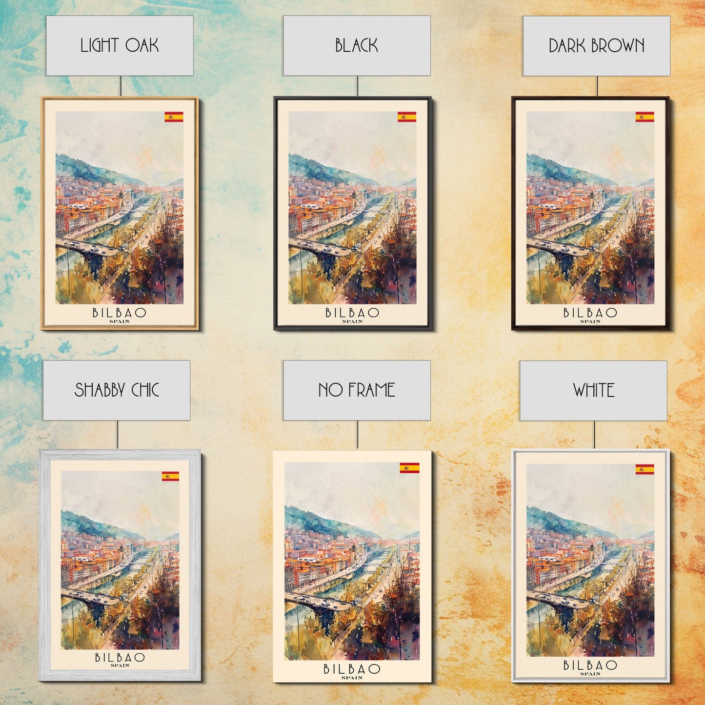 Bilbao Spain Travel Poster Framed Canvas Print, Watercolor Painting, Wall Art, Home Decor, Scenic Travel Print, Cityscape Art