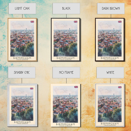 Birmingham United Kingdom Travel Poster Framed Canvas Print, Watercolor Art, Home Decor, Wall Art, Travel Print, Cityscape Art