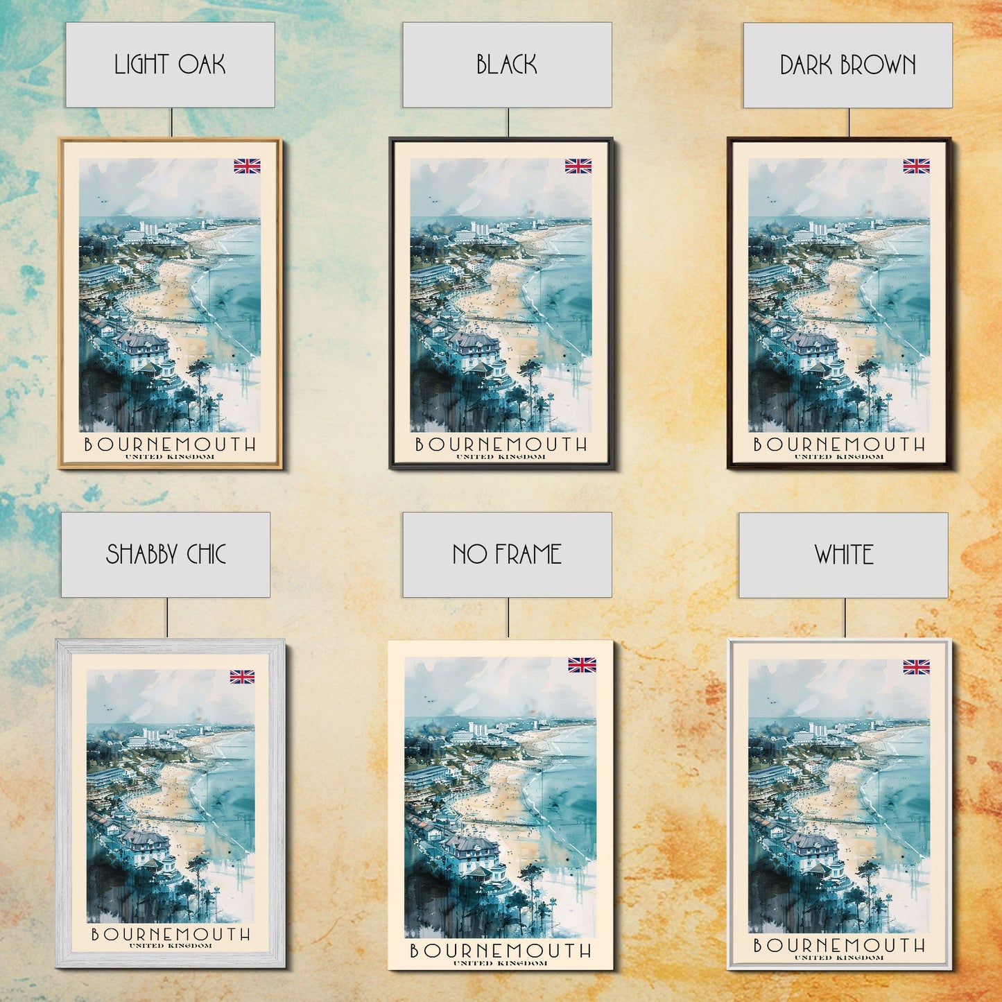 Bournemouth United Kingdom Travel Poster Framed Canvas Print, Wall Art, Home Decor, Travel Print, Beach View, Watercolor Art