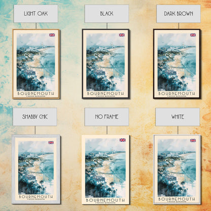 Bournemouth United Kingdom Travel Poster Framed Canvas Print, Wall Art, Home Decor, Travel Print, Beach View, Watercolor Art